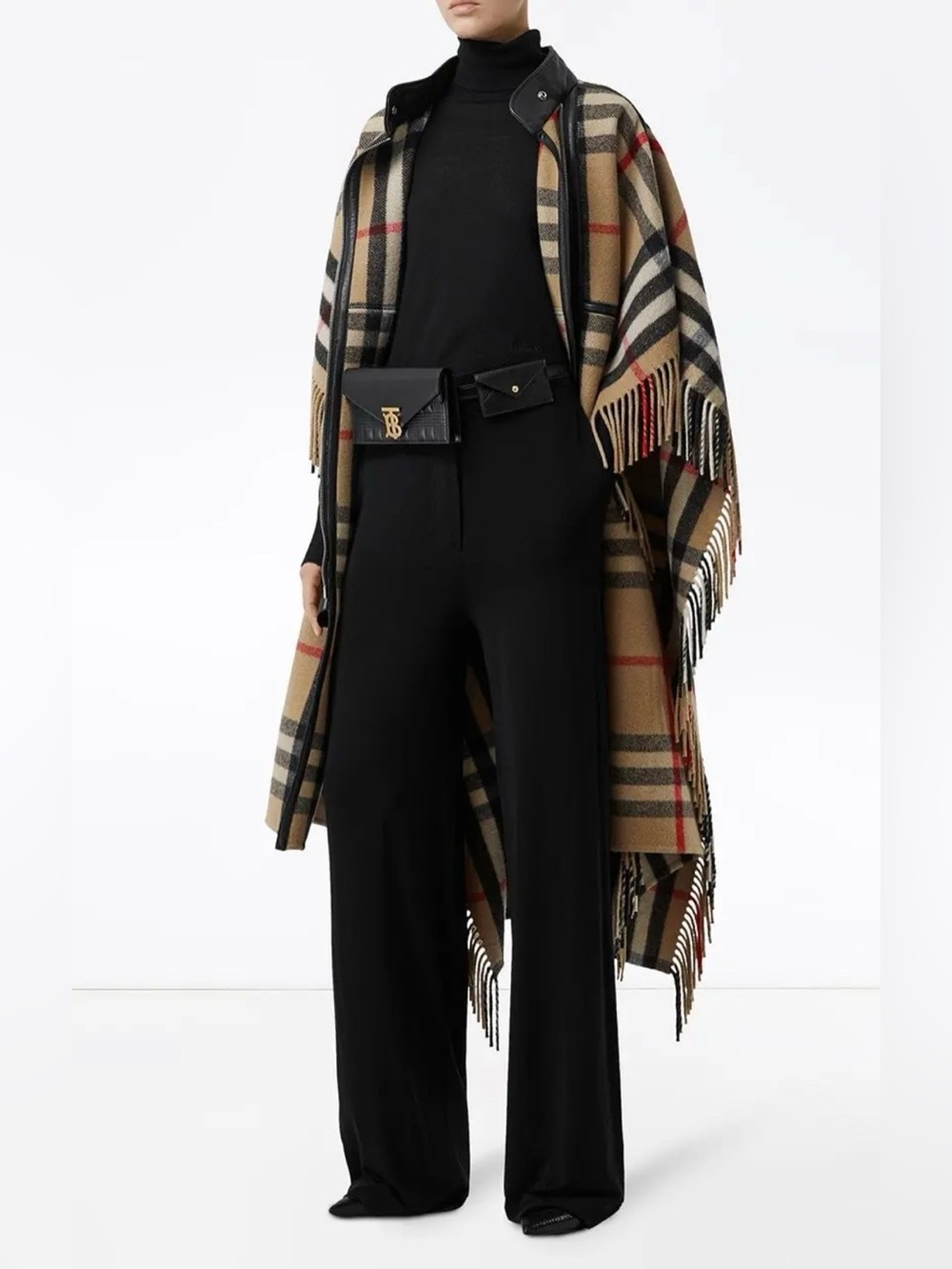 Burberry Check Zip Front Cape Fringed Poncho Leather Trim Unisex XS/S